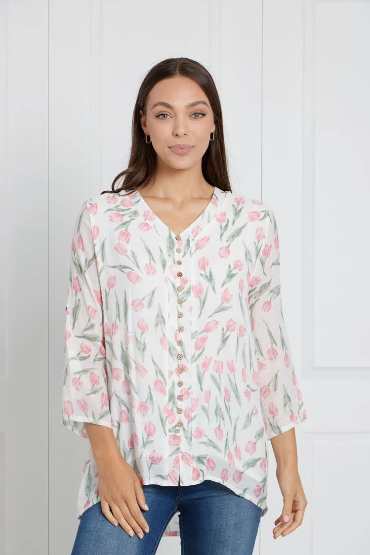 Caroline Morgan 3/4 Sleeve Printed Double Layer Button Front Top