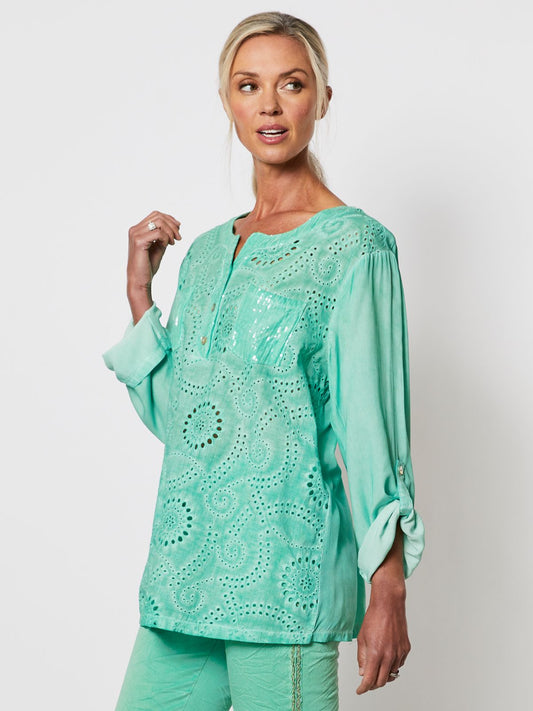 Threadz Broderie Front Shirt - Green