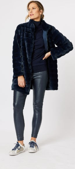 H & V Princess Faux Fur Long Line Jacket- Midnight