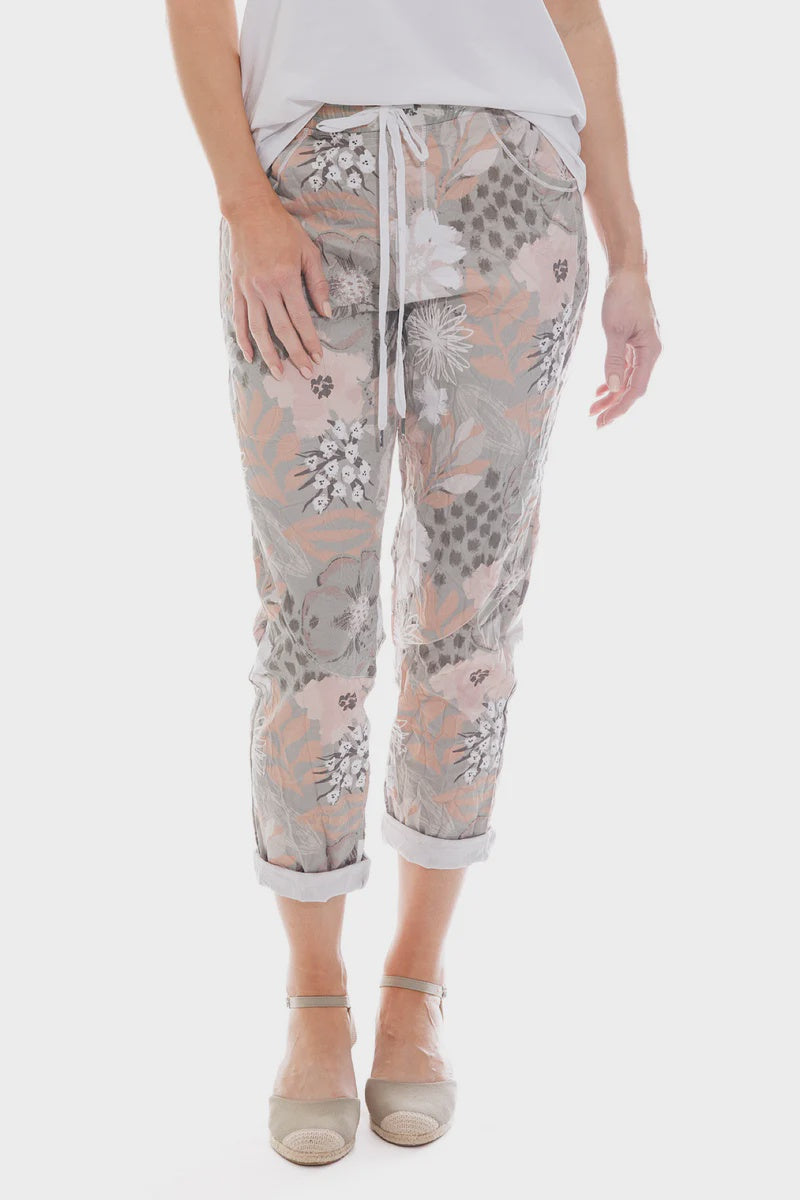 Cafe Latte Khaki Print Crushed Drawstring Pant